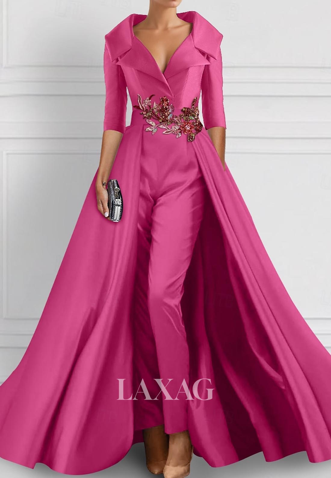 V-Neck Half-Sleeves Pleated Formal Gowns Sequined Embroidered Mermaid Wedding Guest Dress