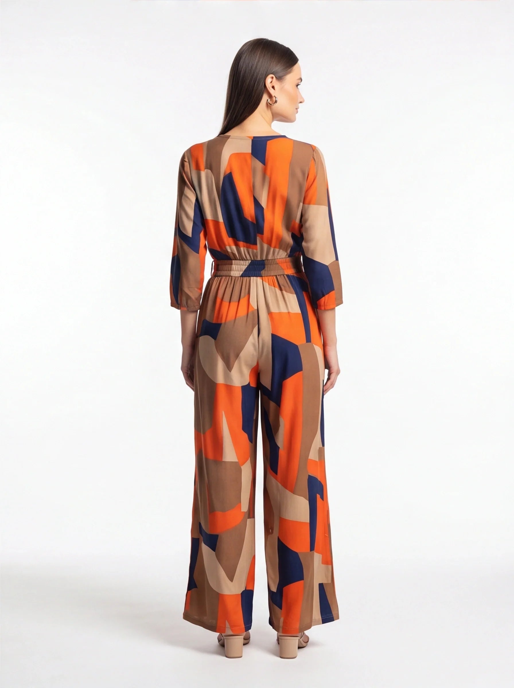 Chic Colorblock Geometric Jumpsuit with Belted Waist and Pockets