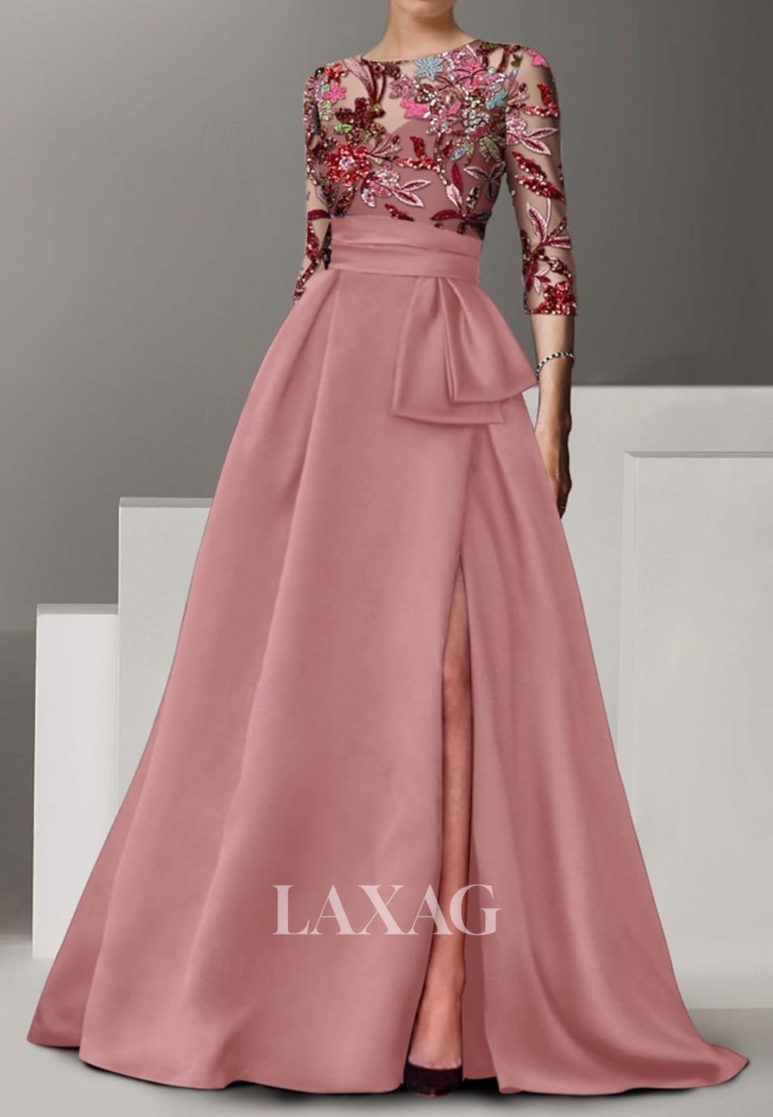 Half-Sleeves Floor-Length Formal Gowns Scoop-Neck Floral Embroidered Sequined A-Line Evening Dress