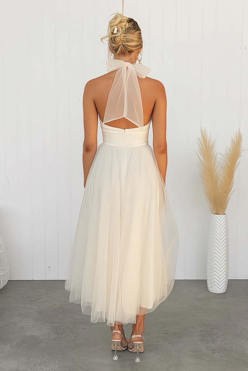 Tulle Halter Neck Tie Back Open Back Ruched Waist Layered Midi Dress