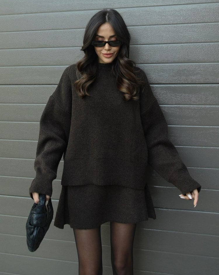 Crew Neck Oversized Knit Sweater and Mini Skirt Two Piece Set