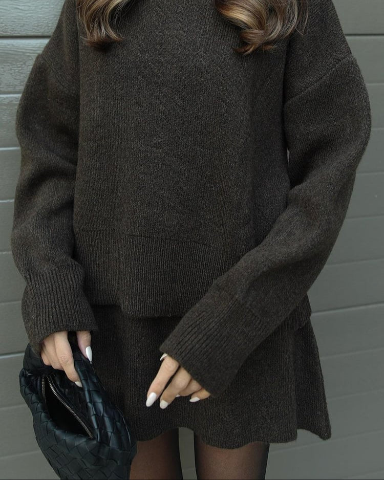 Crew Neck Oversized Knit Sweater and Mini Skirt Two Piece Set