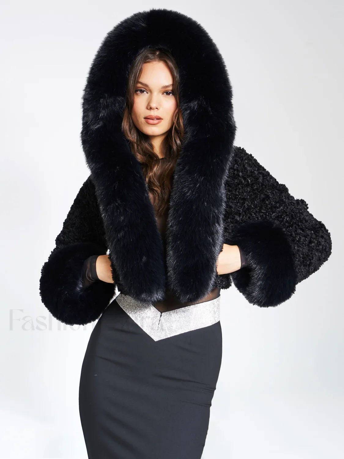 Kali Black Cropped Faux Graceful Fur Jacket With Hood