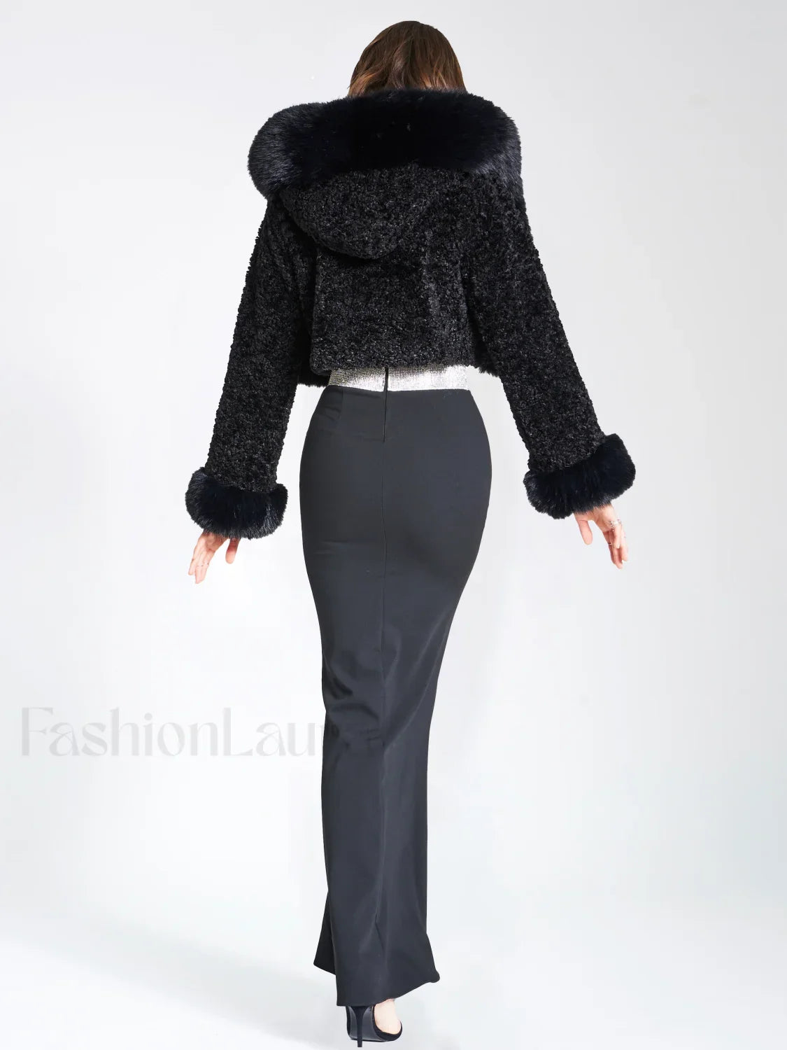 Kali Black Cropped Faux Graceful Fur Jacket With Hood
