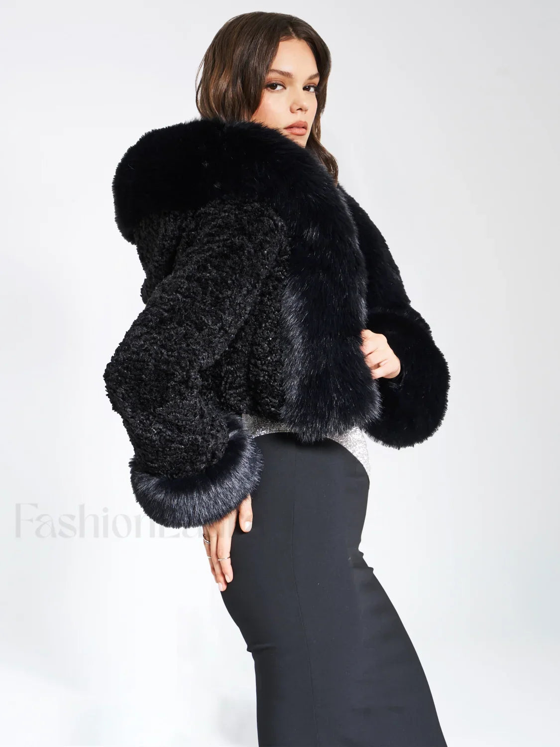Kali Black Cropped Faux Graceful Fur Jacket With Hood XL / US 12 14 Outwear