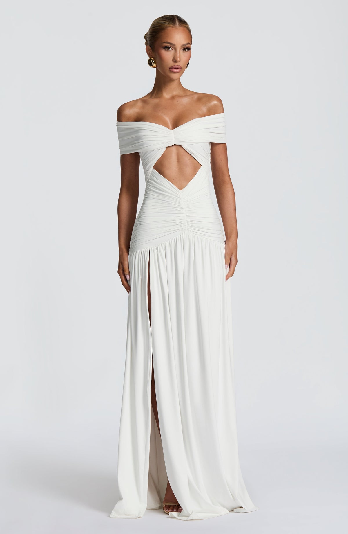 Off Shoulder Twist Front Cut Out Ruched High Split Maxi Gown 8