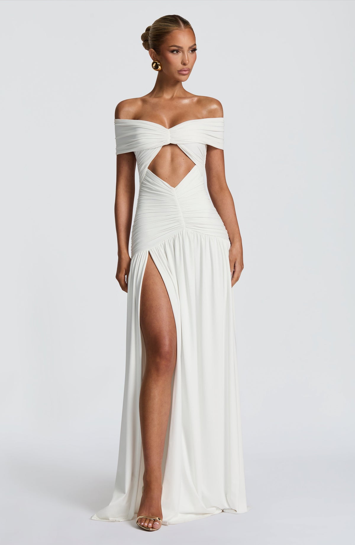 Off Shoulder Twist Front Cut Out Ruched High Split Maxi Gown 7