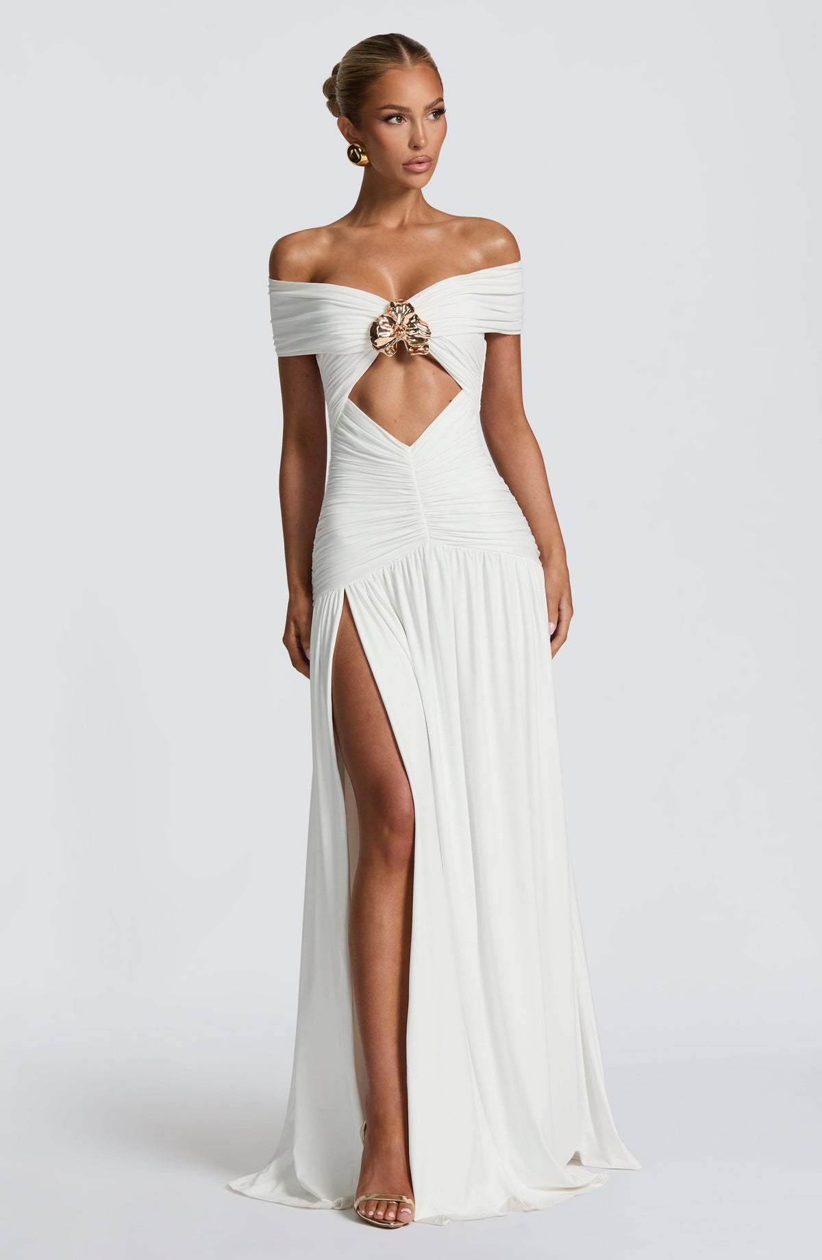 Off Shoulder Twist Front Cut Out Ruched High Split Maxi Gown 14