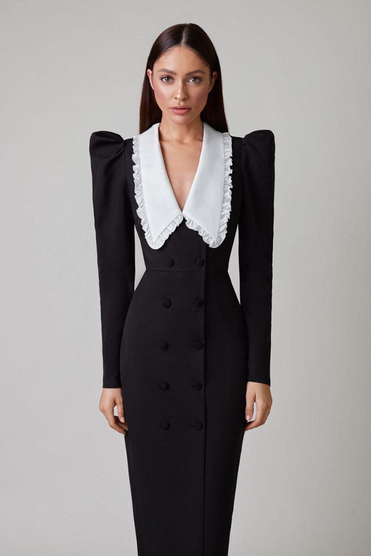 Kathy Peter Pan Collar V - neck Midi Dress