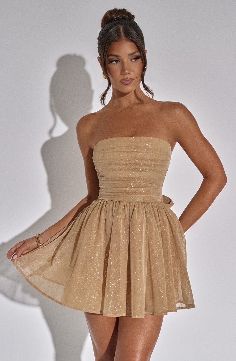Glitter Mesh Strapless Ruched Bodice Skater Mini Dress 4