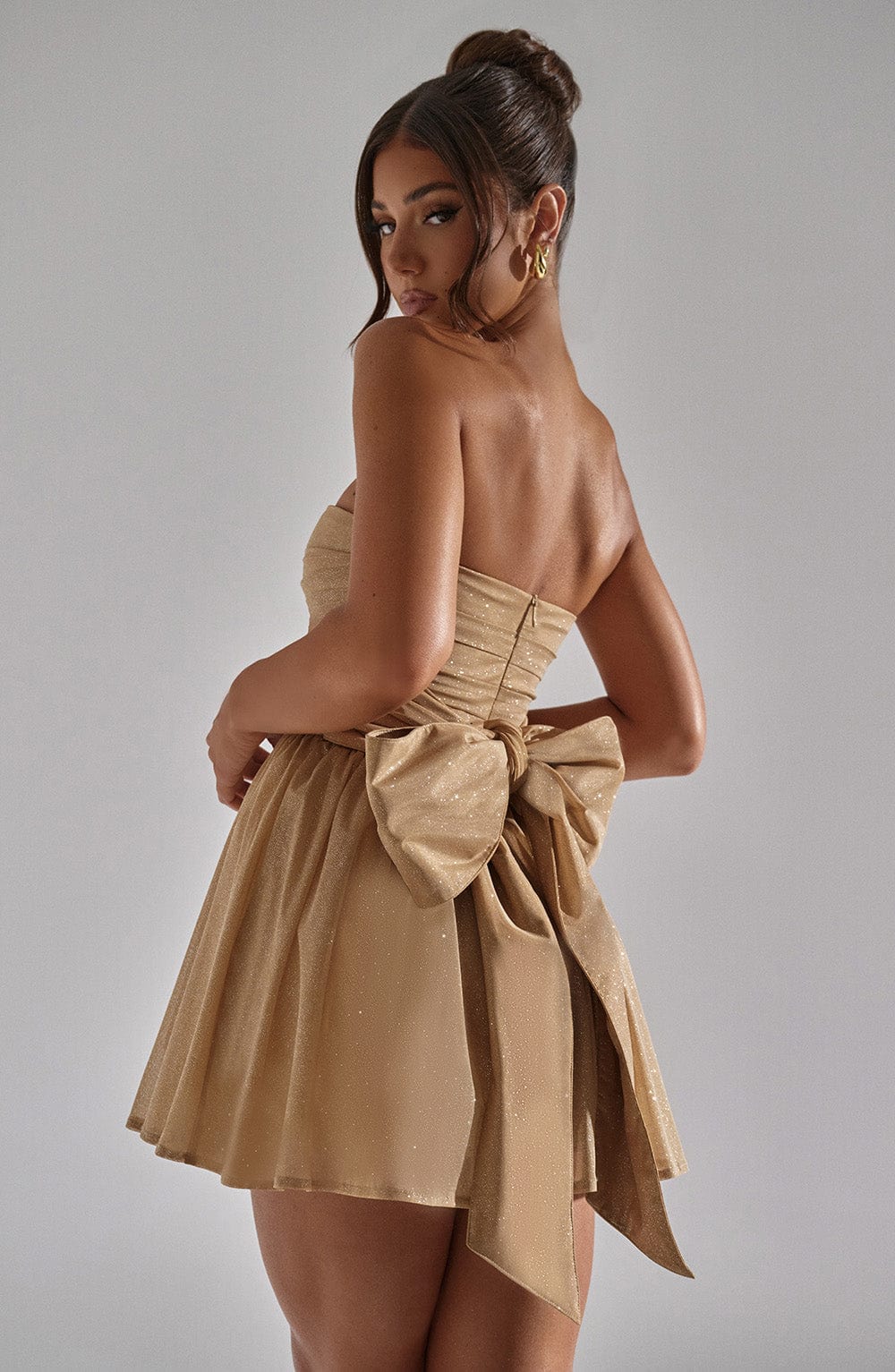 Glitter Mesh Strapless Ruched Bodice Skater Mini Dress 9