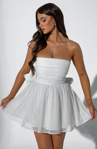 Strapless Glitter Tulle Fit and Flare Mini Dress Party 13