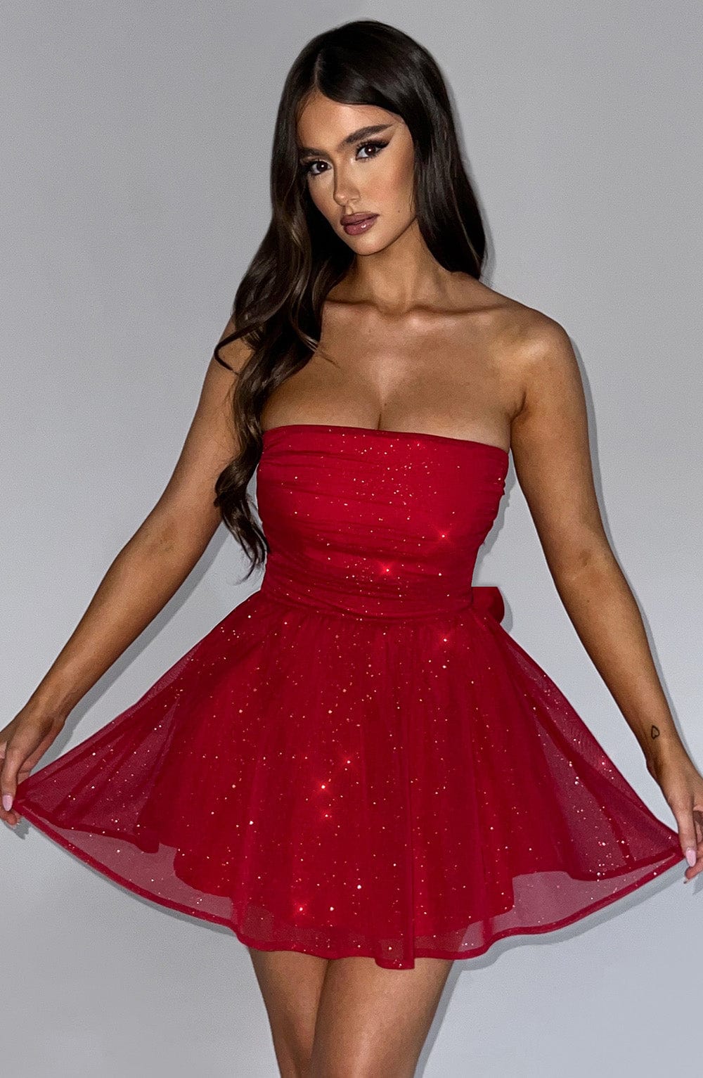 Glitter Tulle Strapless Back Bow Fit and Flare Mini Dress 2