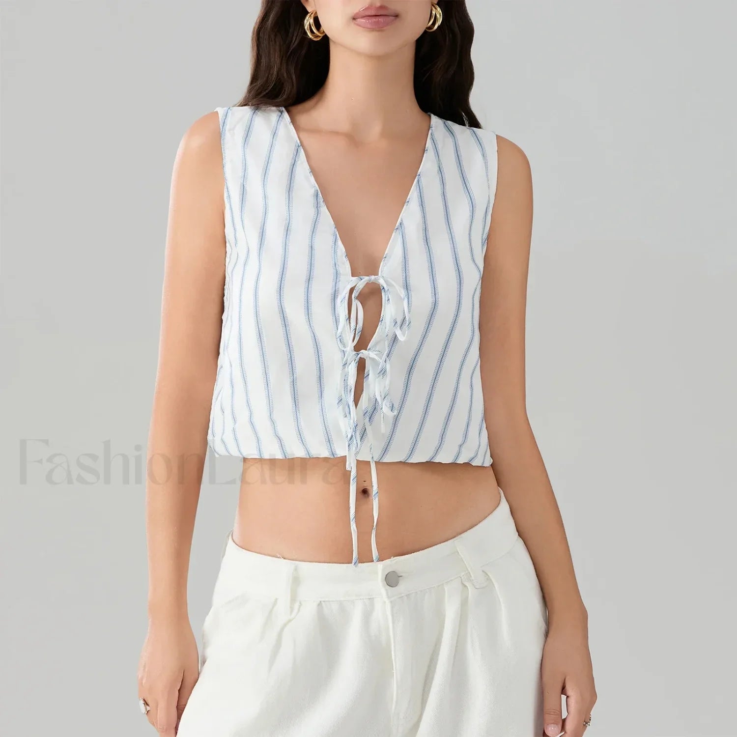 Kawaii Tie Knot Front Striped V-Neck Sleeveless Bandage Crop Top
