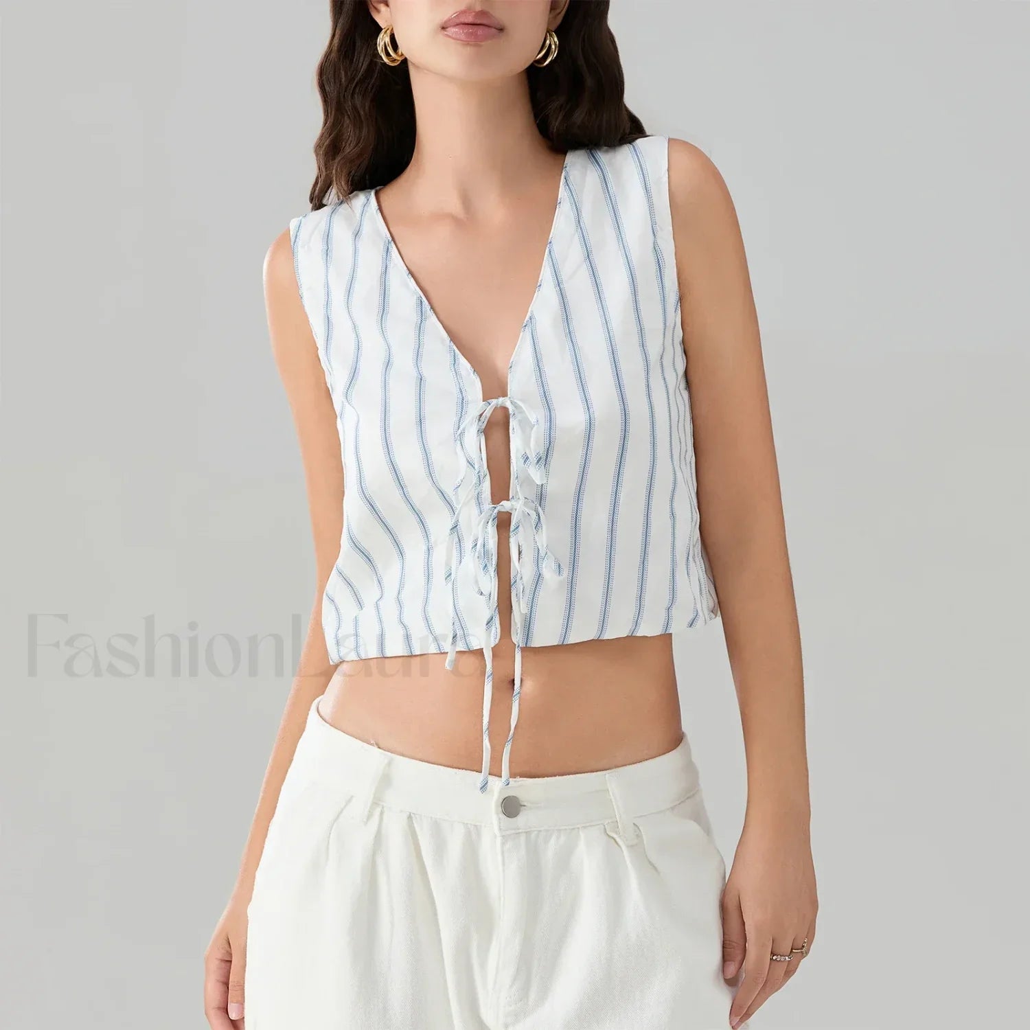 Kawaii Tie Knot Front Striped V-Neck Sleeveless Bandage Crop Top