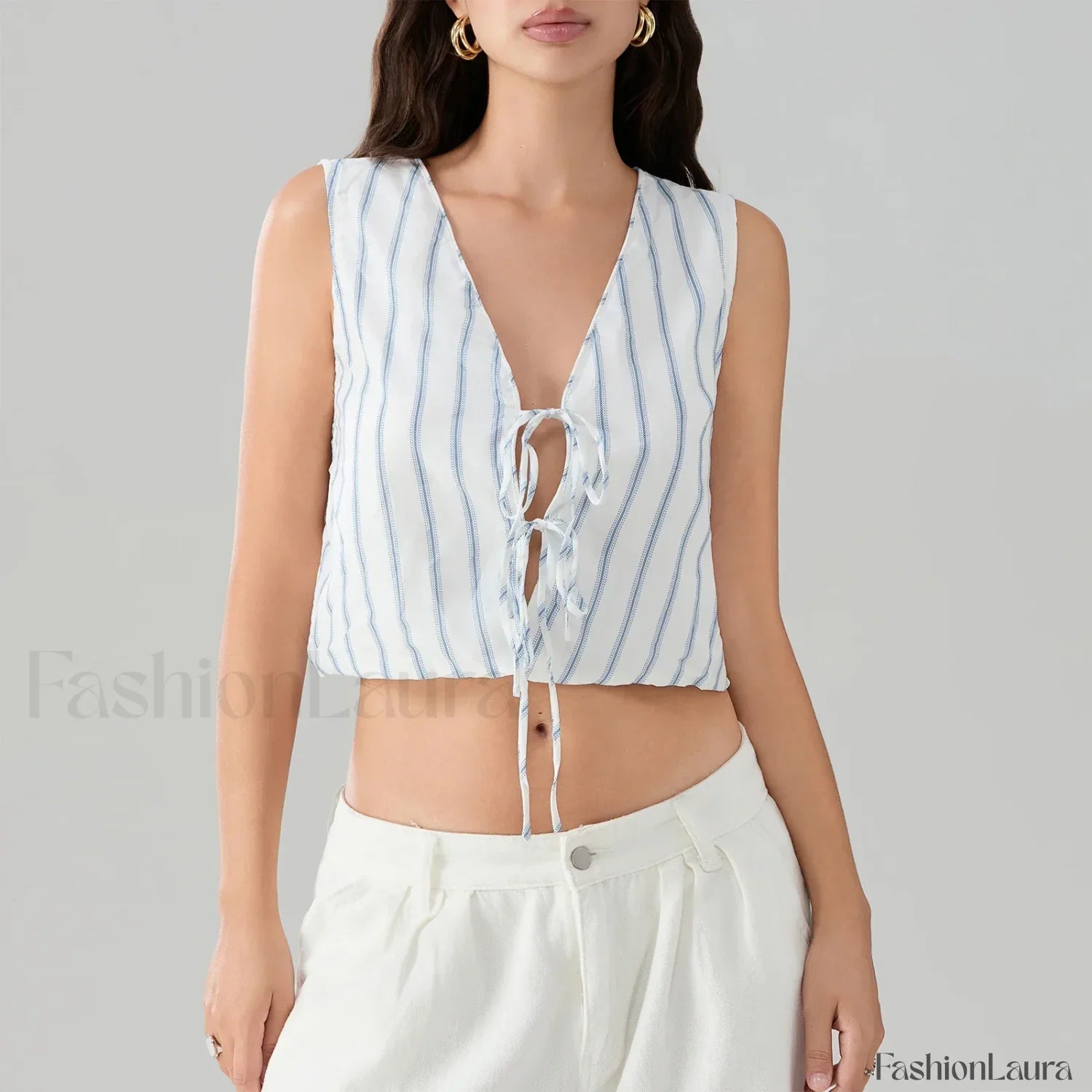 Kawaii Tie Knot Front Striped V-Neck Sleeveless Bandage Crop Top