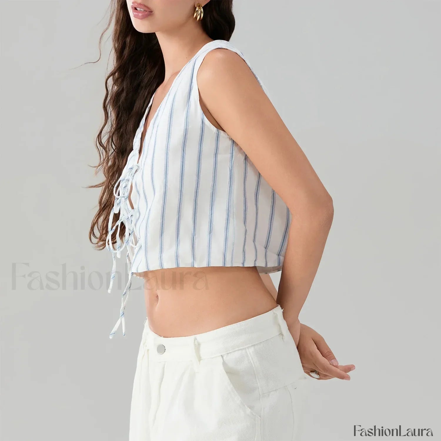 Kawaii Tie Knot Front Striped V-Neck Sleeveless Bandage Crop Top