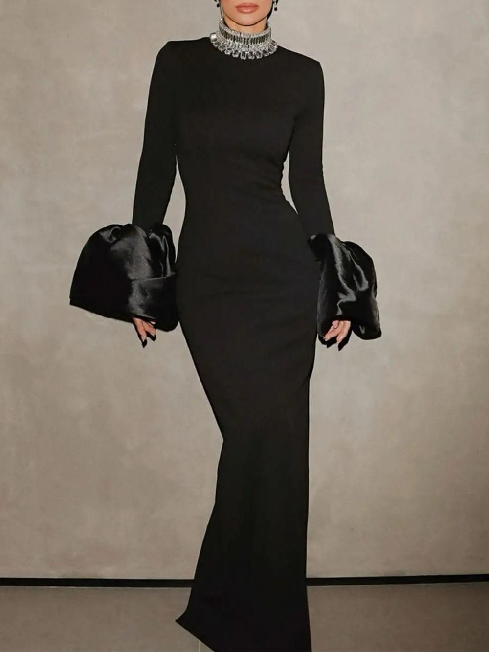 Rhinestone Collar Mock Neck Long Sleeve Oversized Satin Cuff Column Maxi Gown