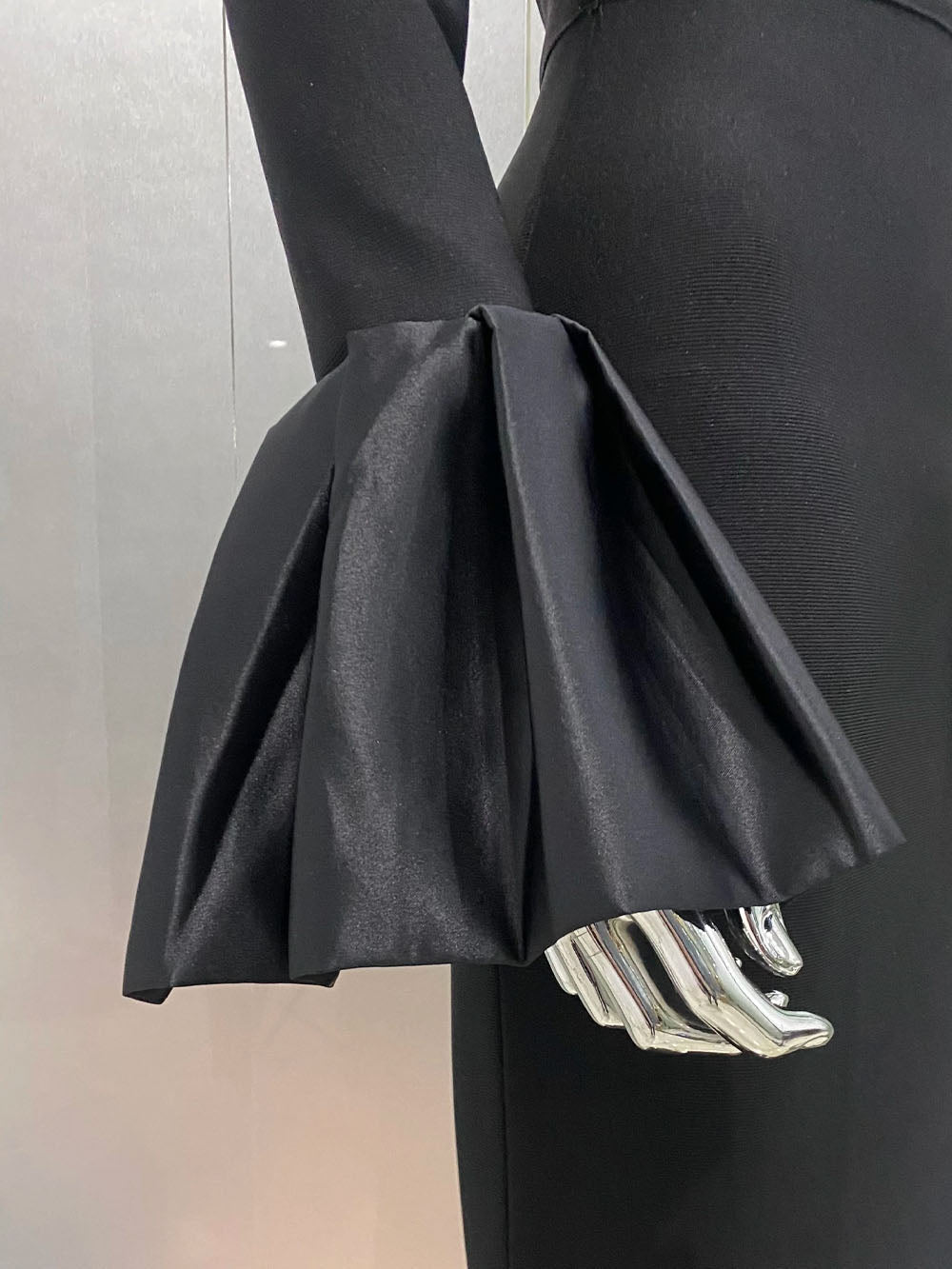 Rhinestone Collar Mock Neck Long Sleeve Oversized Satin Cuff Column Maxi Gown