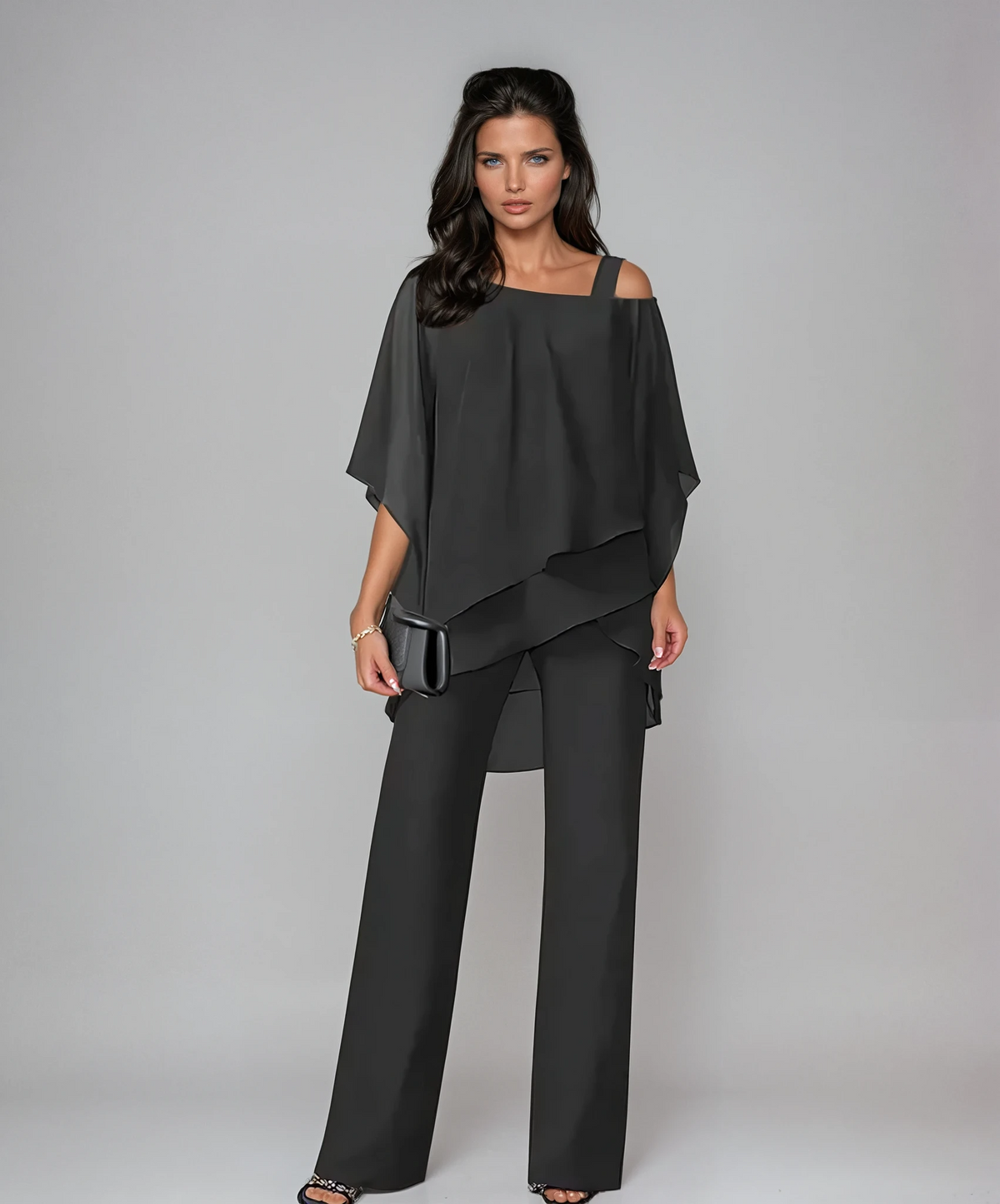 Cold Shoulder Layered Chiffon Top and Pants Two Piece Set