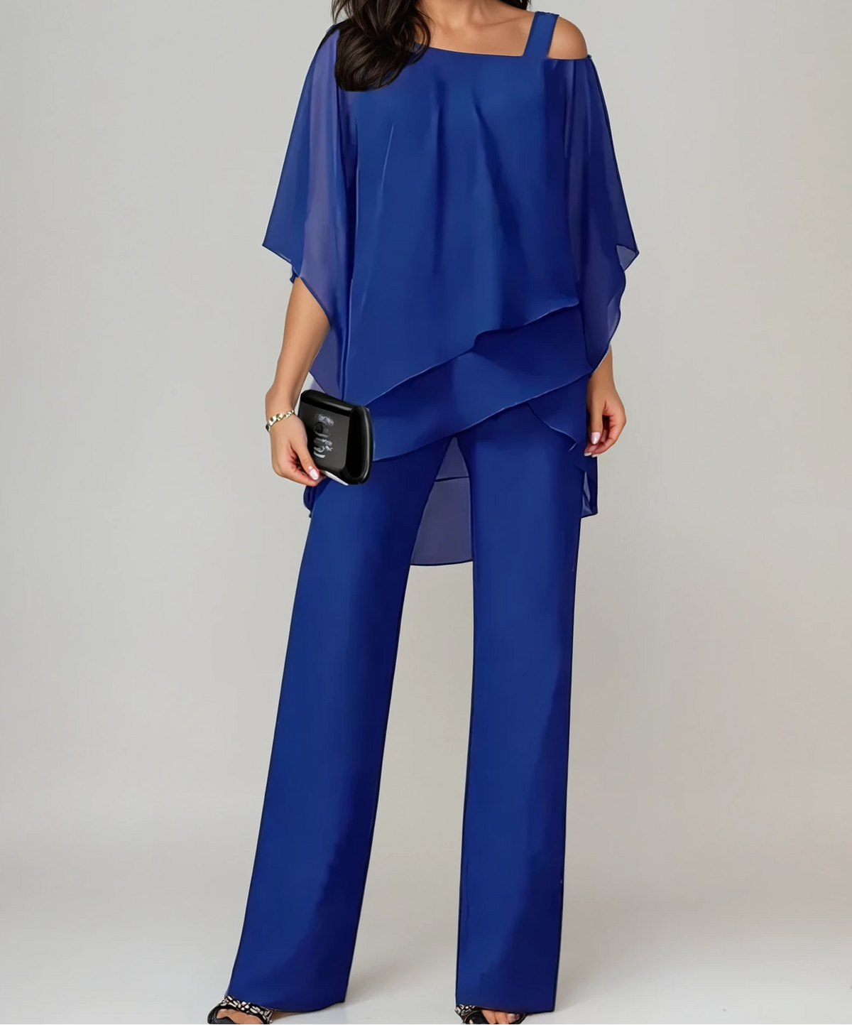 Asymmetric Overlay One Shoulder Top and Wide Leg Pants Two Piece Set
