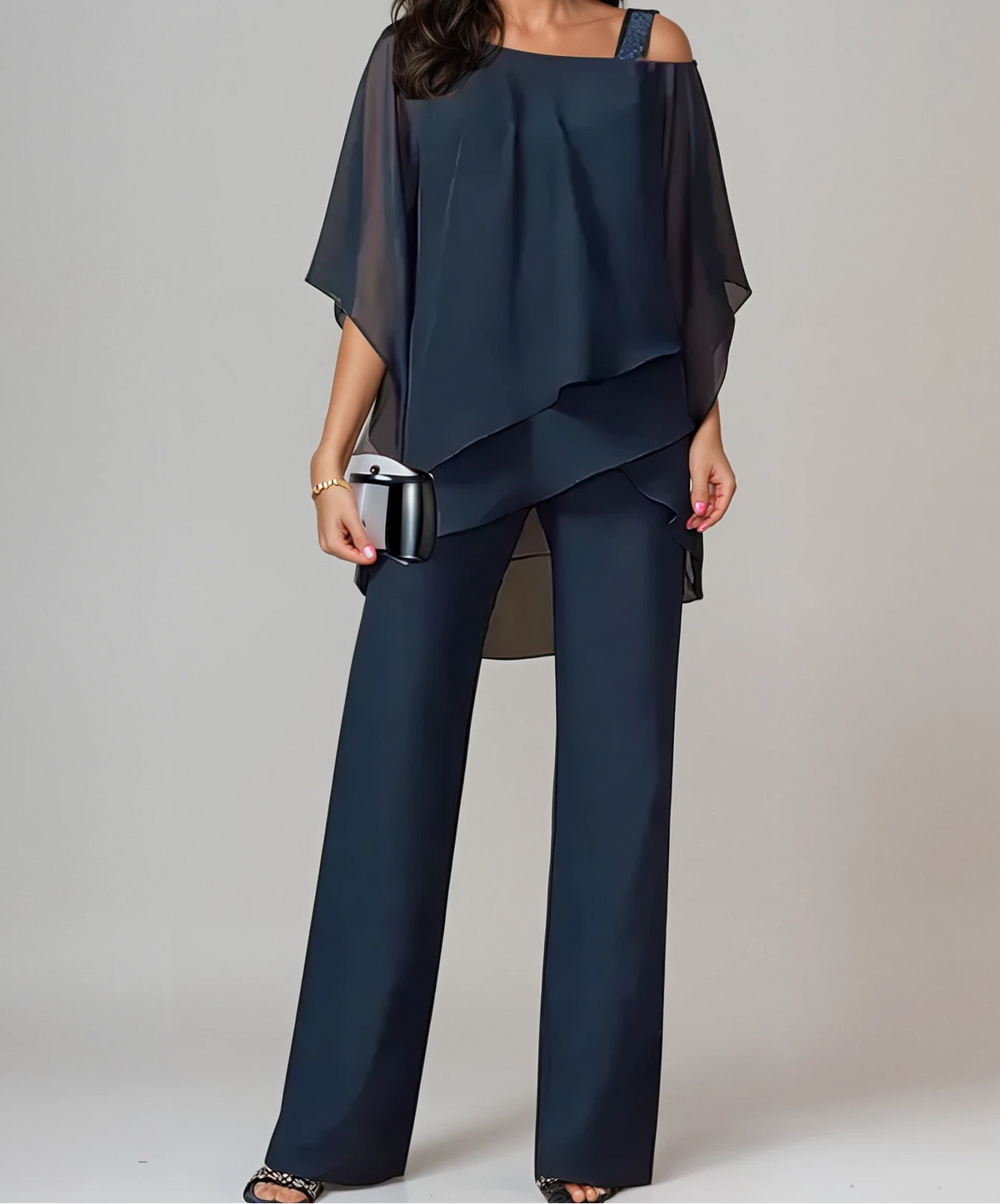 Asymmetric Overlay One Shoulder Top and Wide Leg Pants Two Piece Set