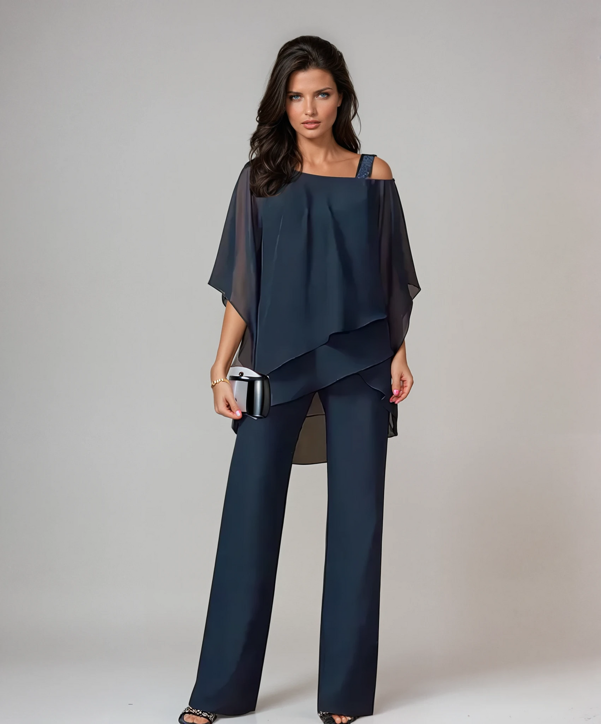 Cold Shoulder Layered Chiffon Top and Pants Two Piece Set