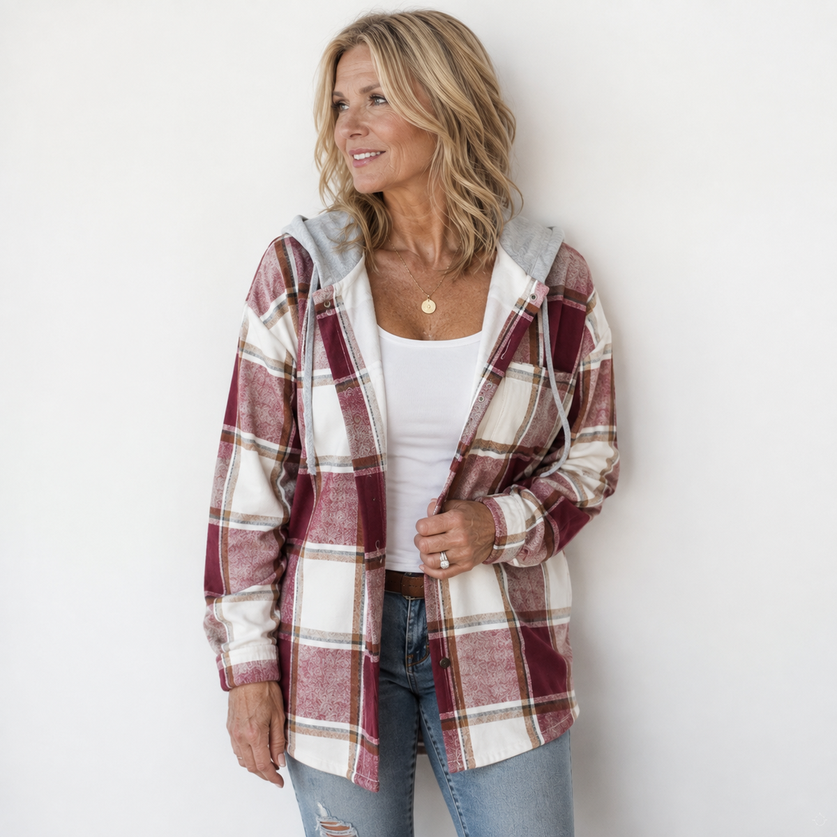 Plaid Hooded Button Front Long Sleeve Jacket