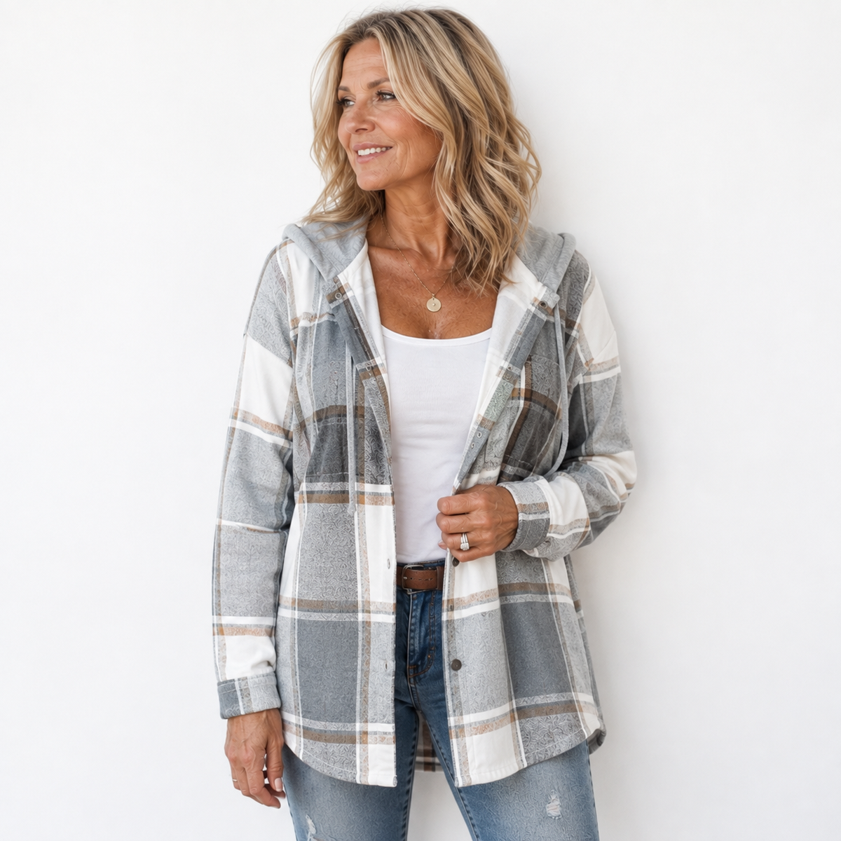 Plaid Hooded Button Front Long Sleeve Jacket