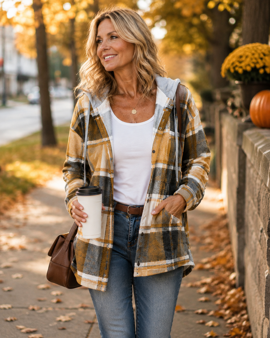 Plaid Hooded Button Front Long Sleeve Jacket