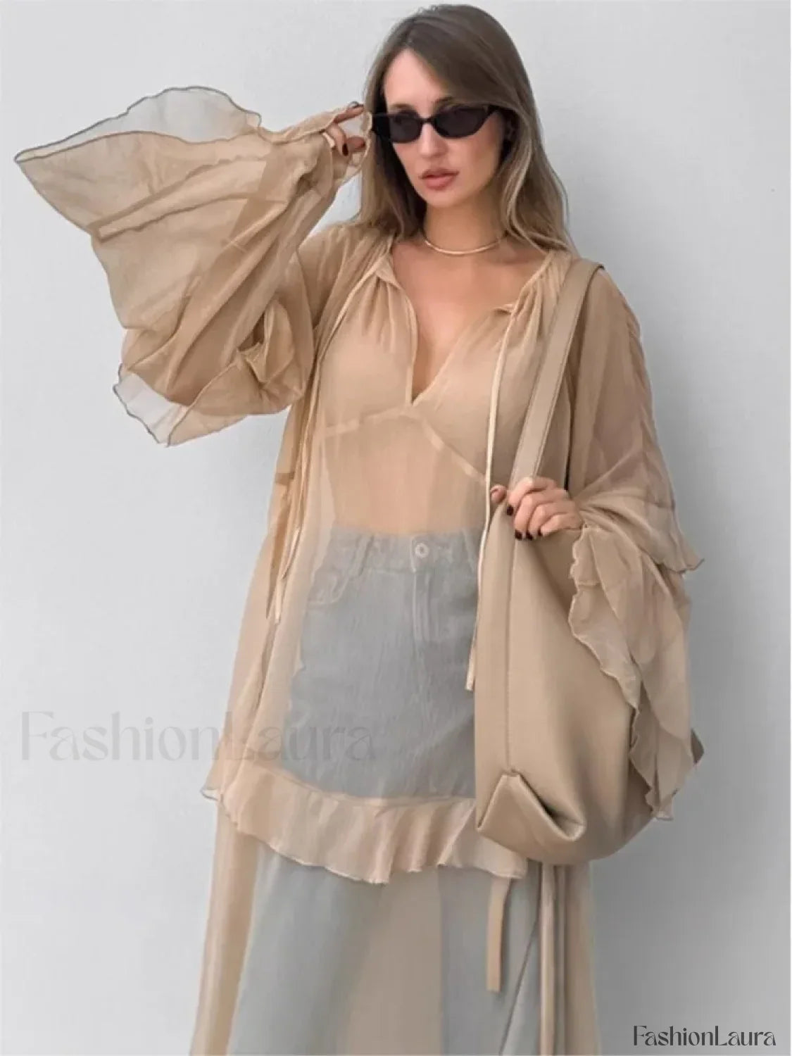 Khaki Batwing Ruffle Boho Dress
