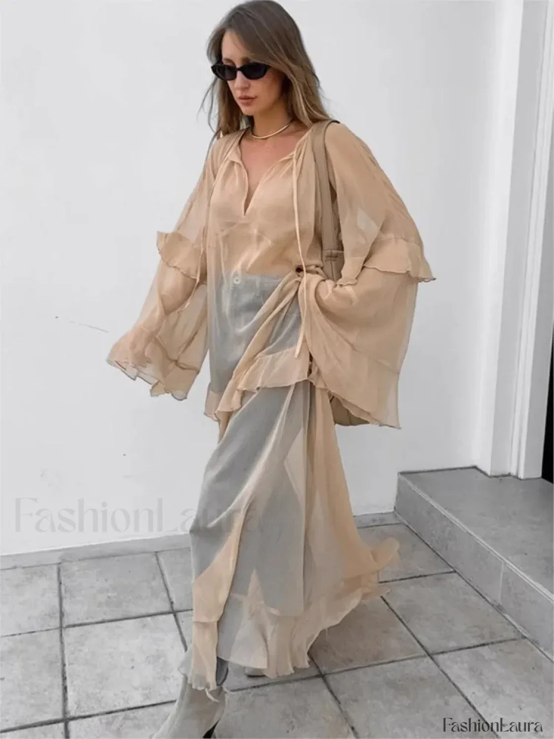 Khaki Batwing Ruffle Boho Dress