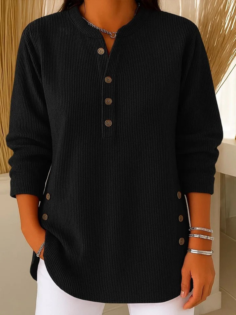Waffle Knit Button Placket Long Sleeve Tunic Top