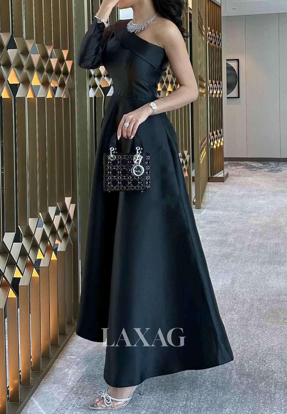 Asymmetrical-Neck One-Long-Sleeves A-Line Evening Dress Off-Shoulder Pleated Satin Formal Gowns