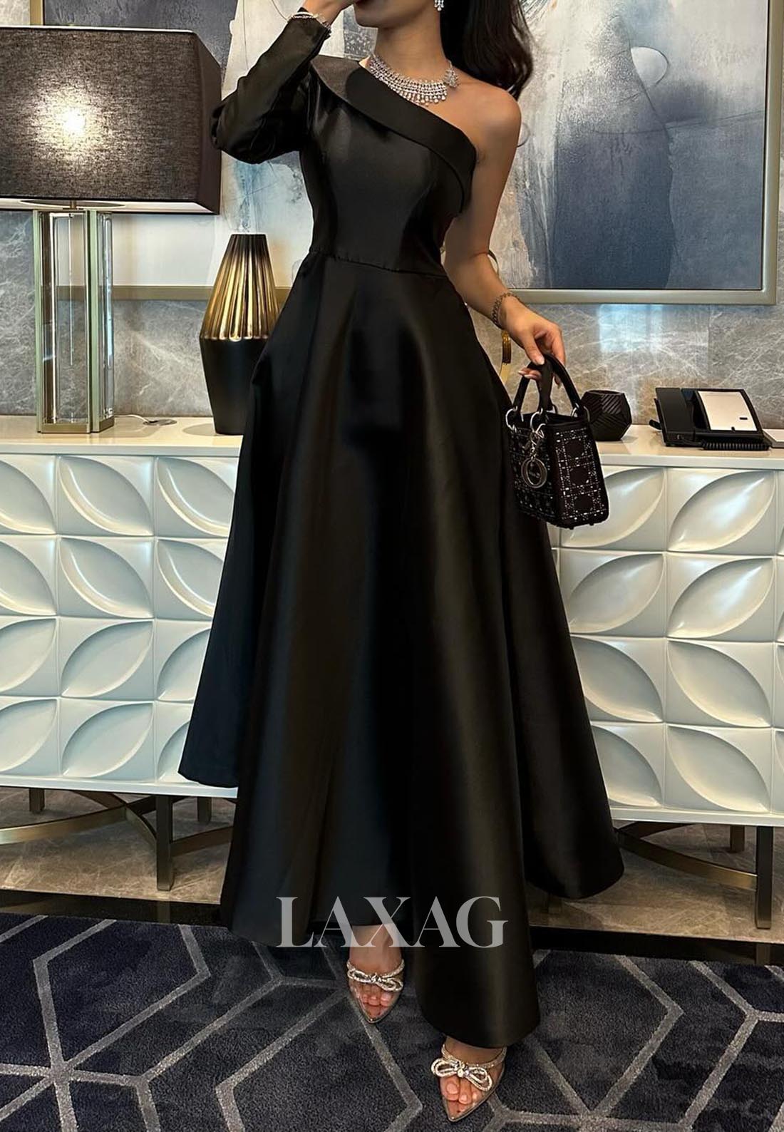 Asymmetrical-Neck One-Long-Sleeves A-Line Evening Dress Off-Shoulder Pleated Satin Formal Gowns