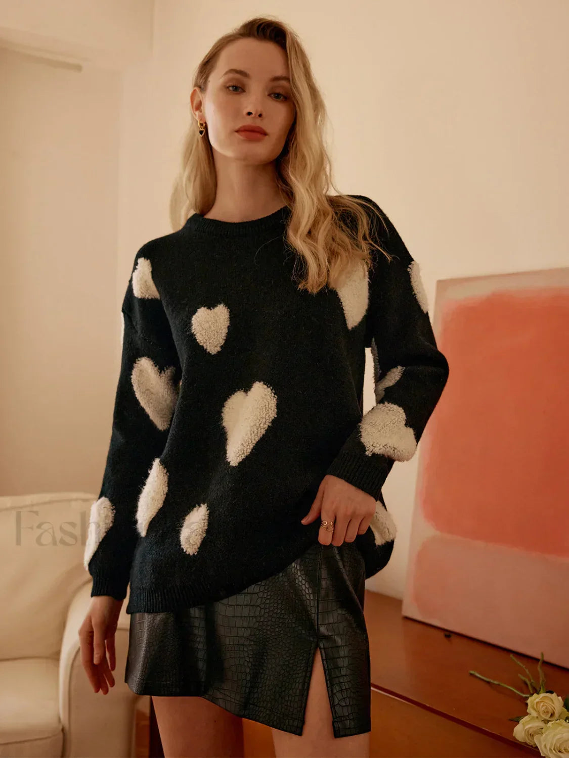 Knit Heart Pattern Trendy Crew Neck Sweater Black / S Sweaters L
