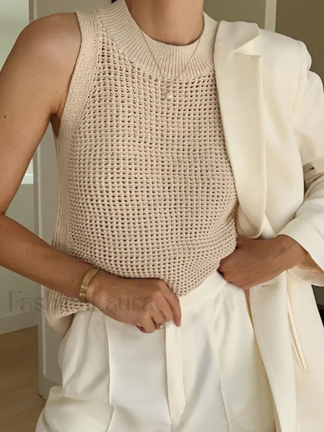 Knit Hollow Solid Tank Top Apricot / XS Tank Tops & Camis