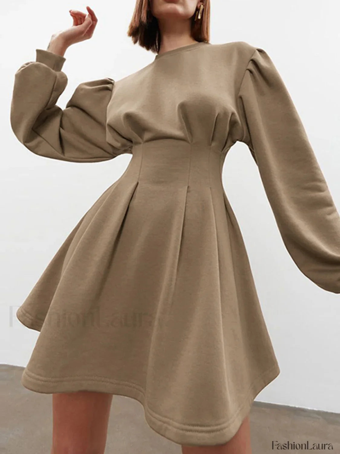 Knit Pleated Long Sleeve Modern Crew Neck Mini Dress