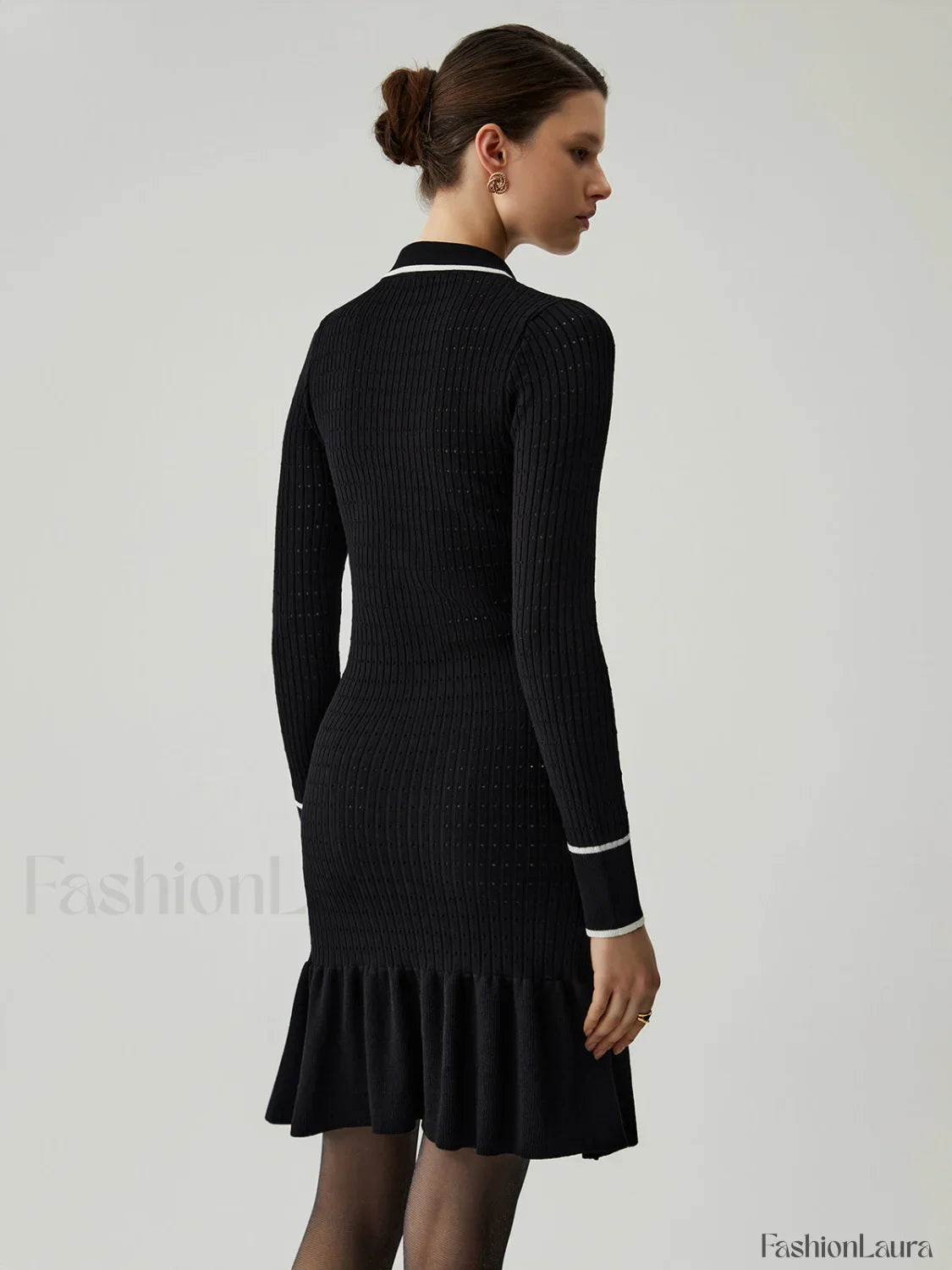 Knit Ruffled Hem Long Modern Sleeve Collar Mini Sweater Dress