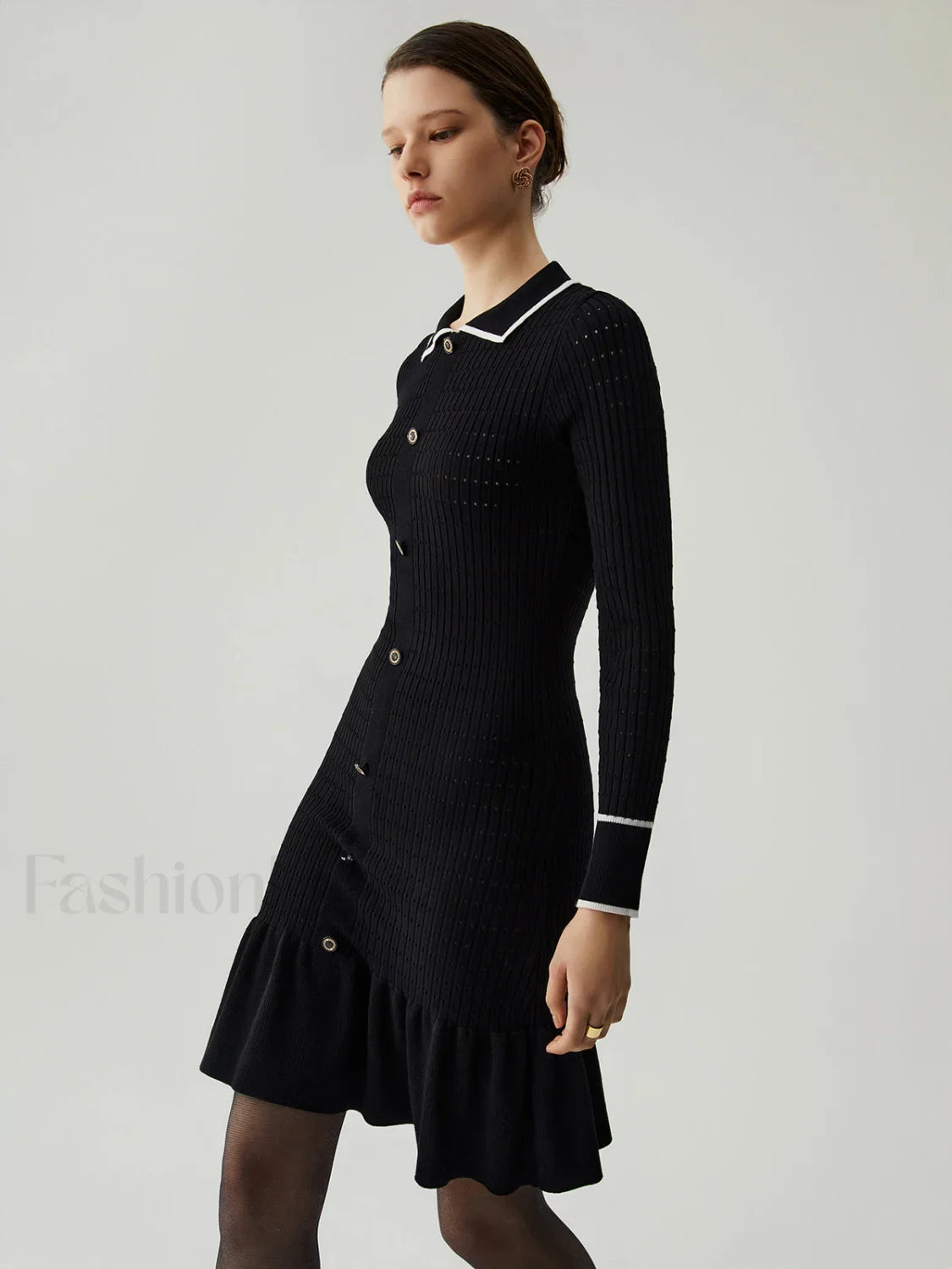 Knit Ruffled Hem Long Modern Sleeve Collar Mini Sweater Dress