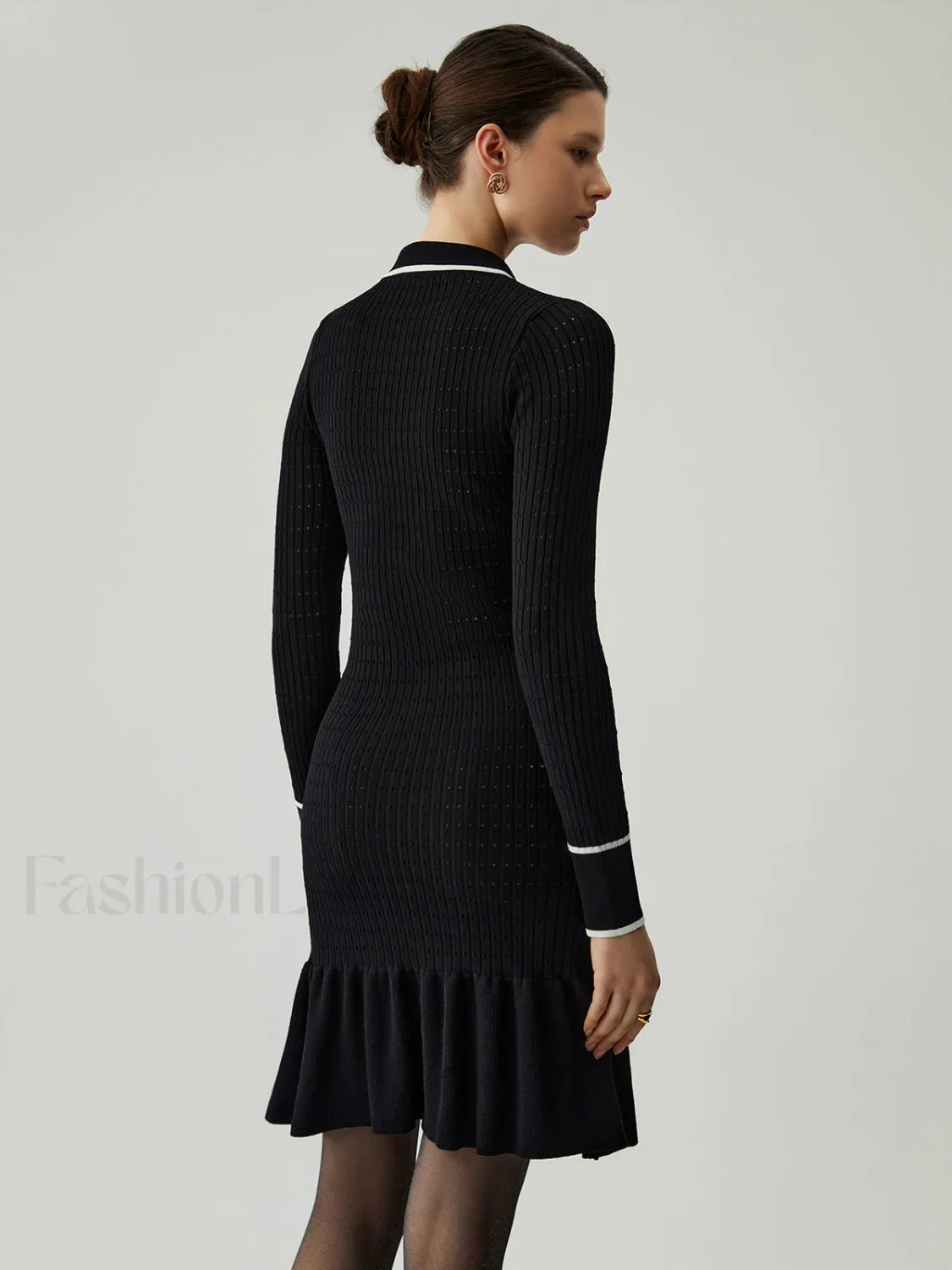 Knit Ruffled Hem Long Modern Sleeve Collar Mini Sweater Dress