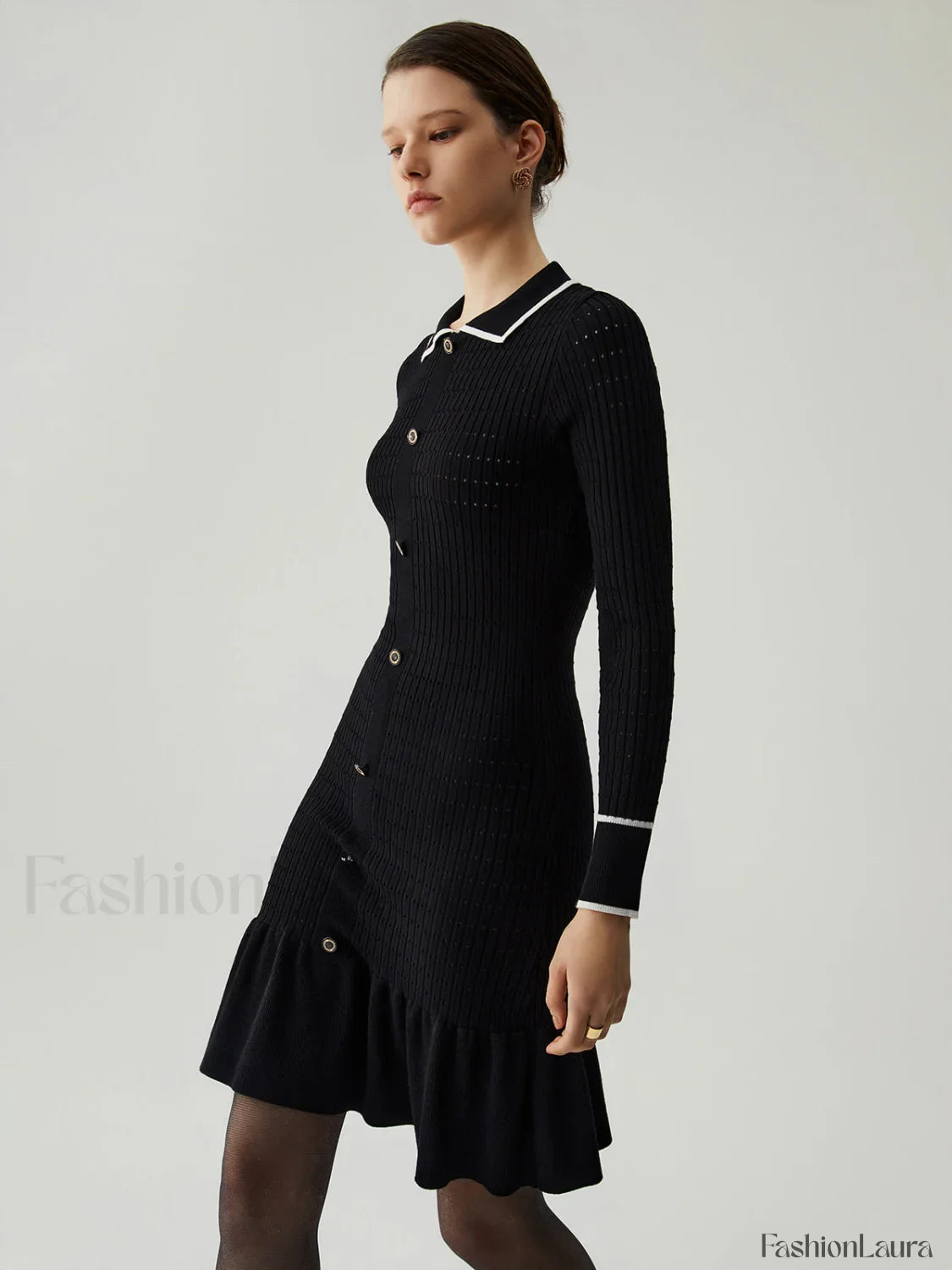 Knit Ruffled Hem Long Modern Sleeve Collar Mini Sweater Dress