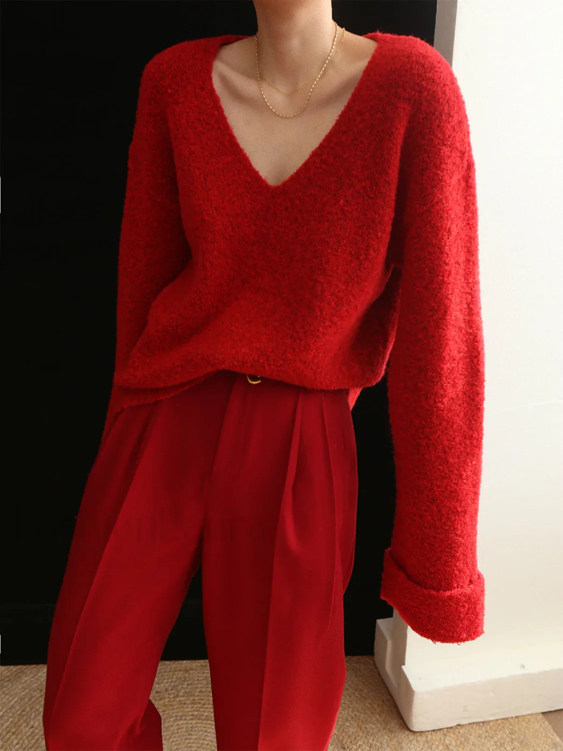 Knit Solid V-neck Trendy Long Sleeve Sweater