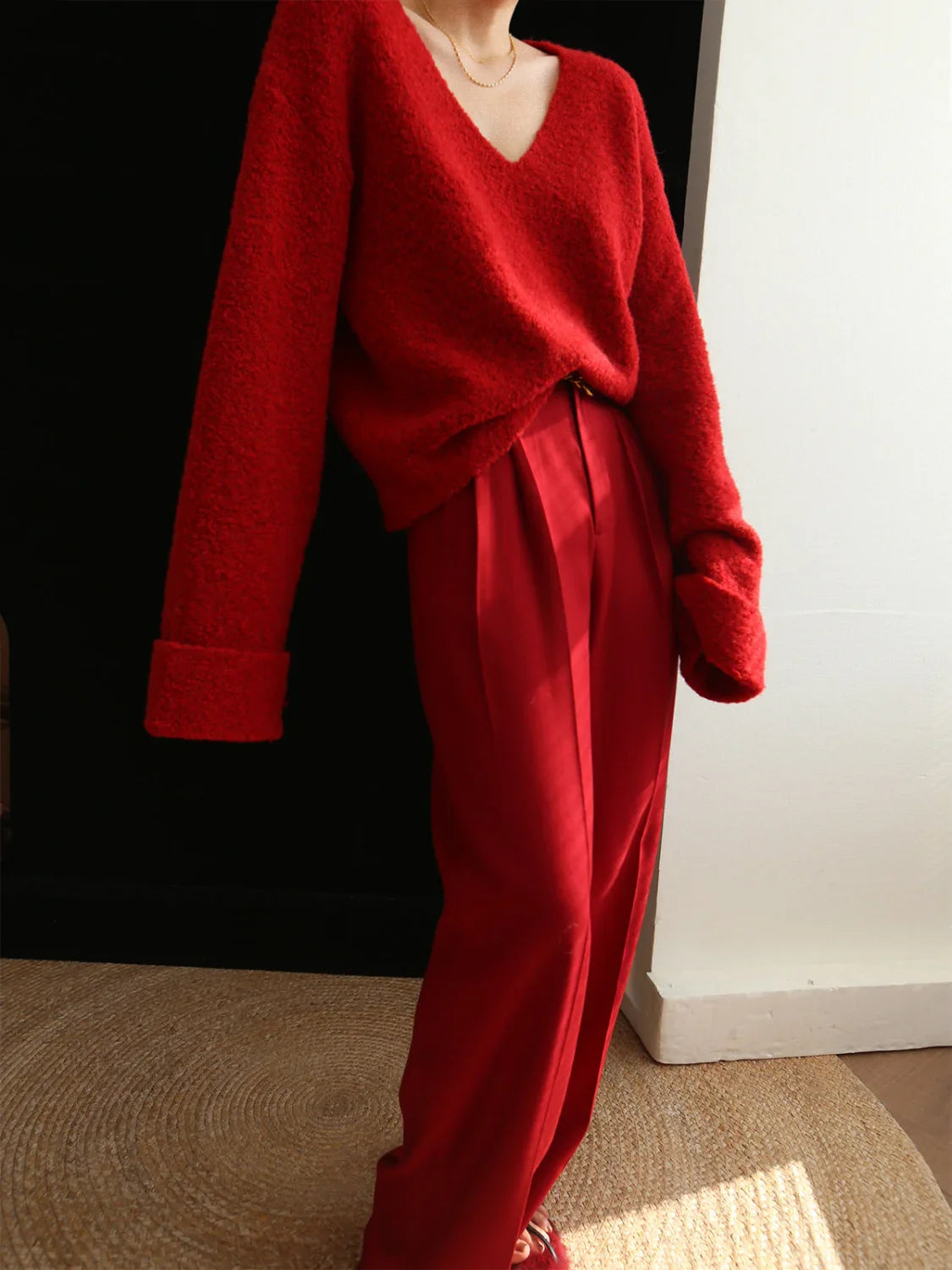 Knit Solid V-neck Trendy Long Sleeve Sweater