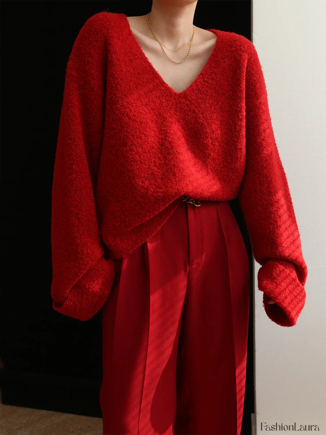 Knit Solid V-neck Trendy Long Sleeve Sweater