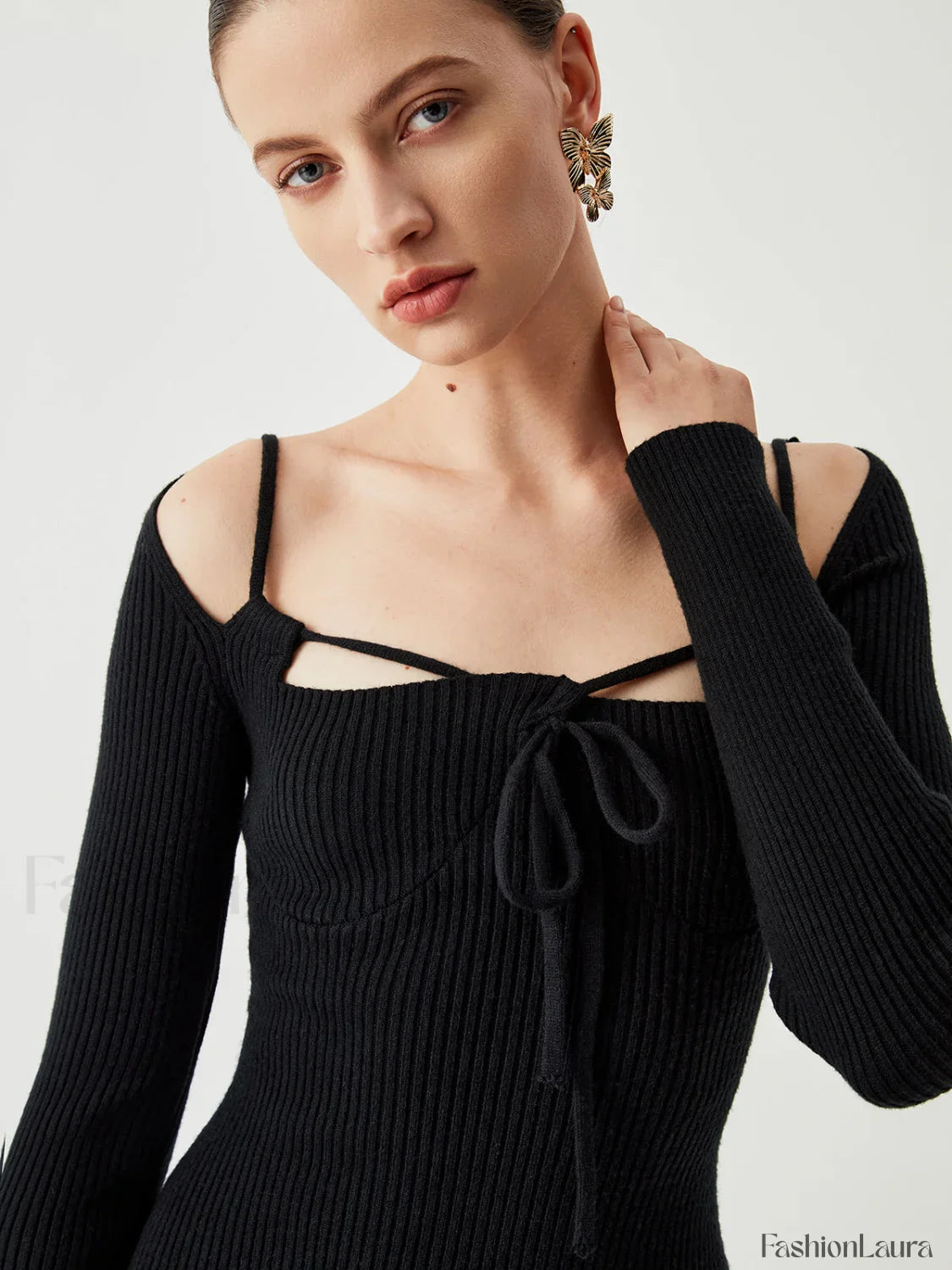 Knit Tied Cutout Long Modern Sleeve Short Sweater Dress