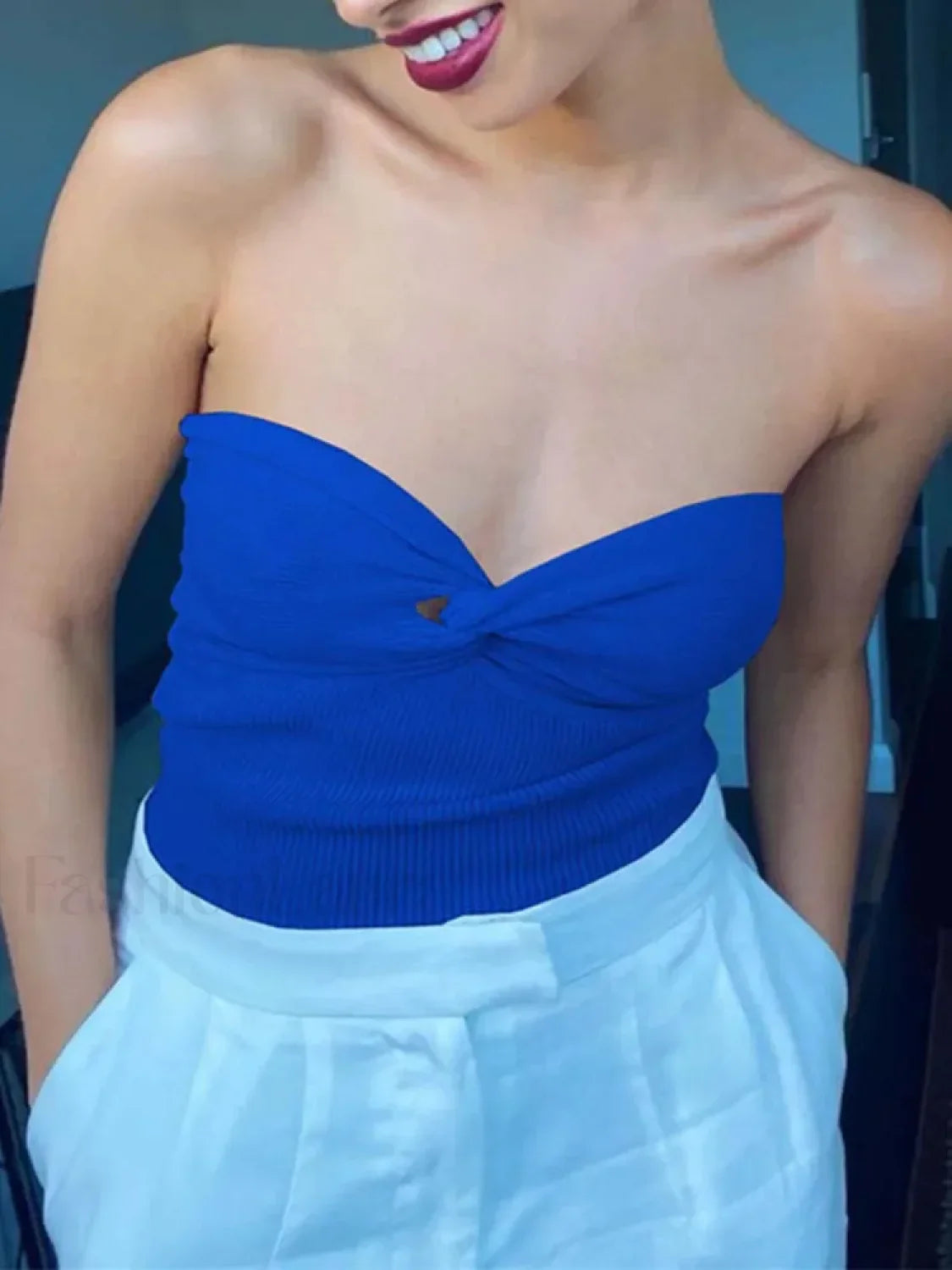 Knit White Backless Corset Crop Top Blue / S