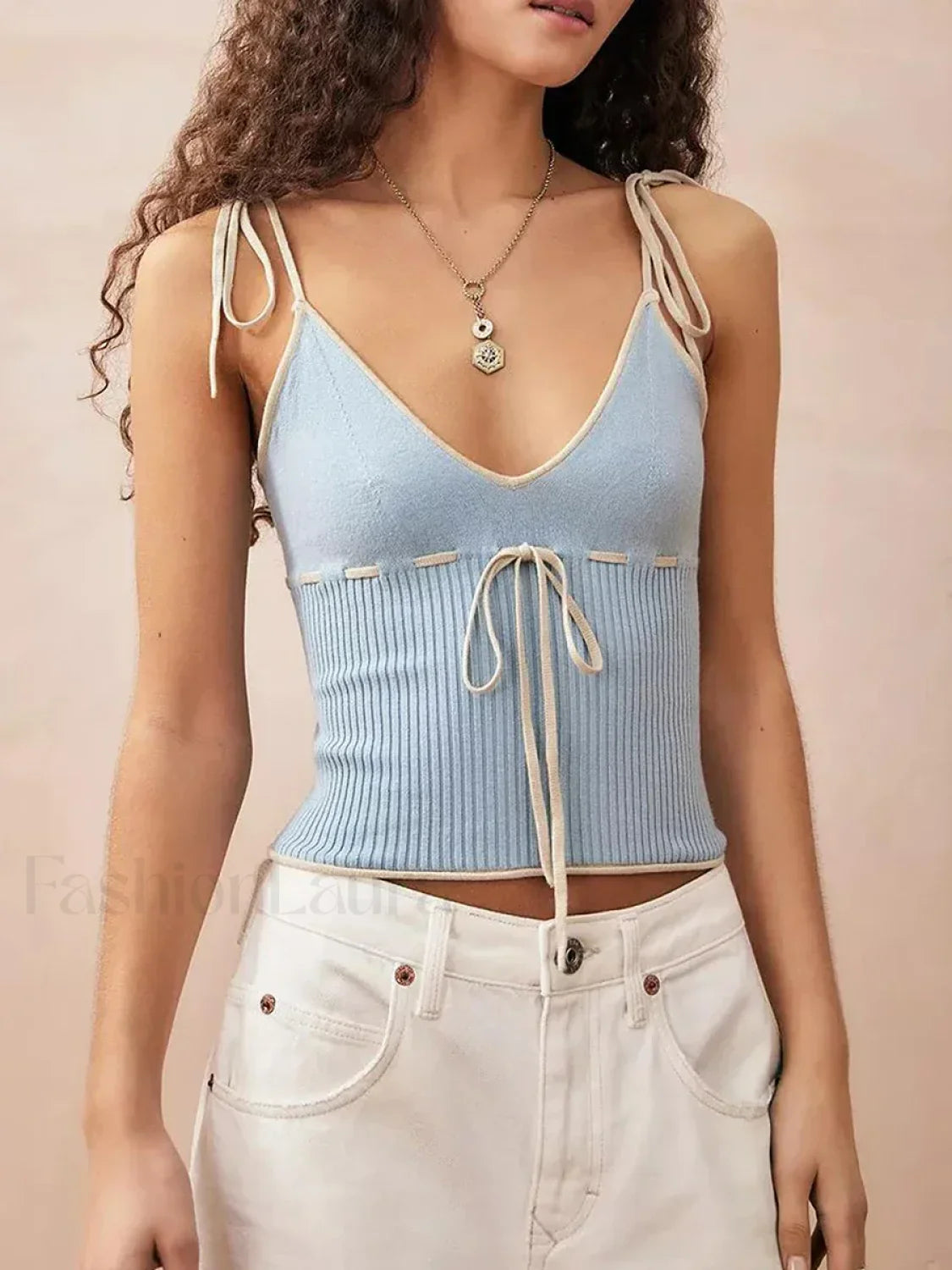 Knitted Contrast Tie-Up Crop Top