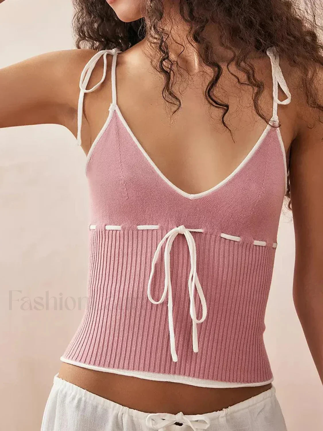 Knitted Contrast Tie Up Crop Top Pink / S