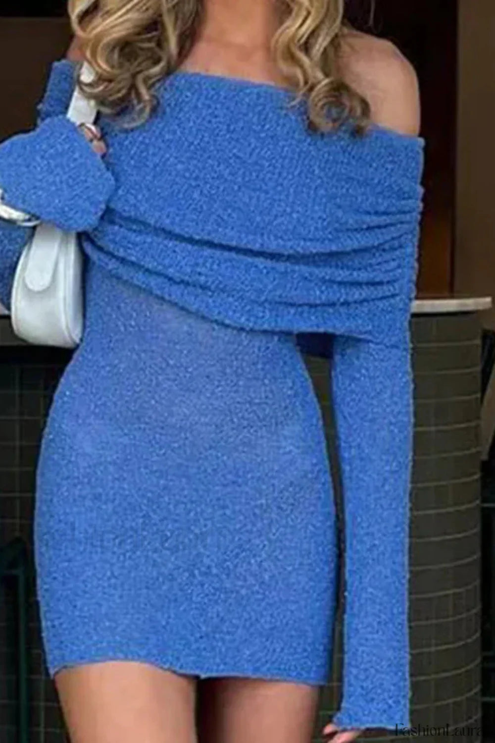 Knitted Hollow Off-Shoulder Long Sleeve Mini Dress